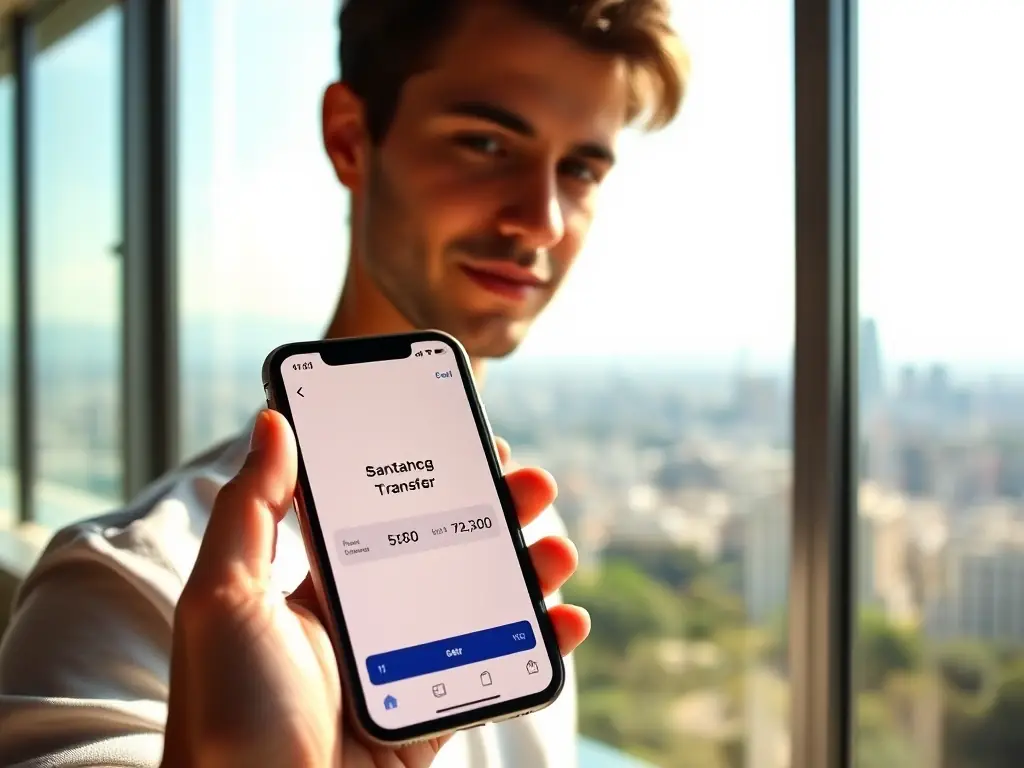 A person successfully receiving a bank transfer notification on their phone, with a background showing a cityscape of Santiago, Chile, symbolizing successful AFP fund recovery and financial freedom.