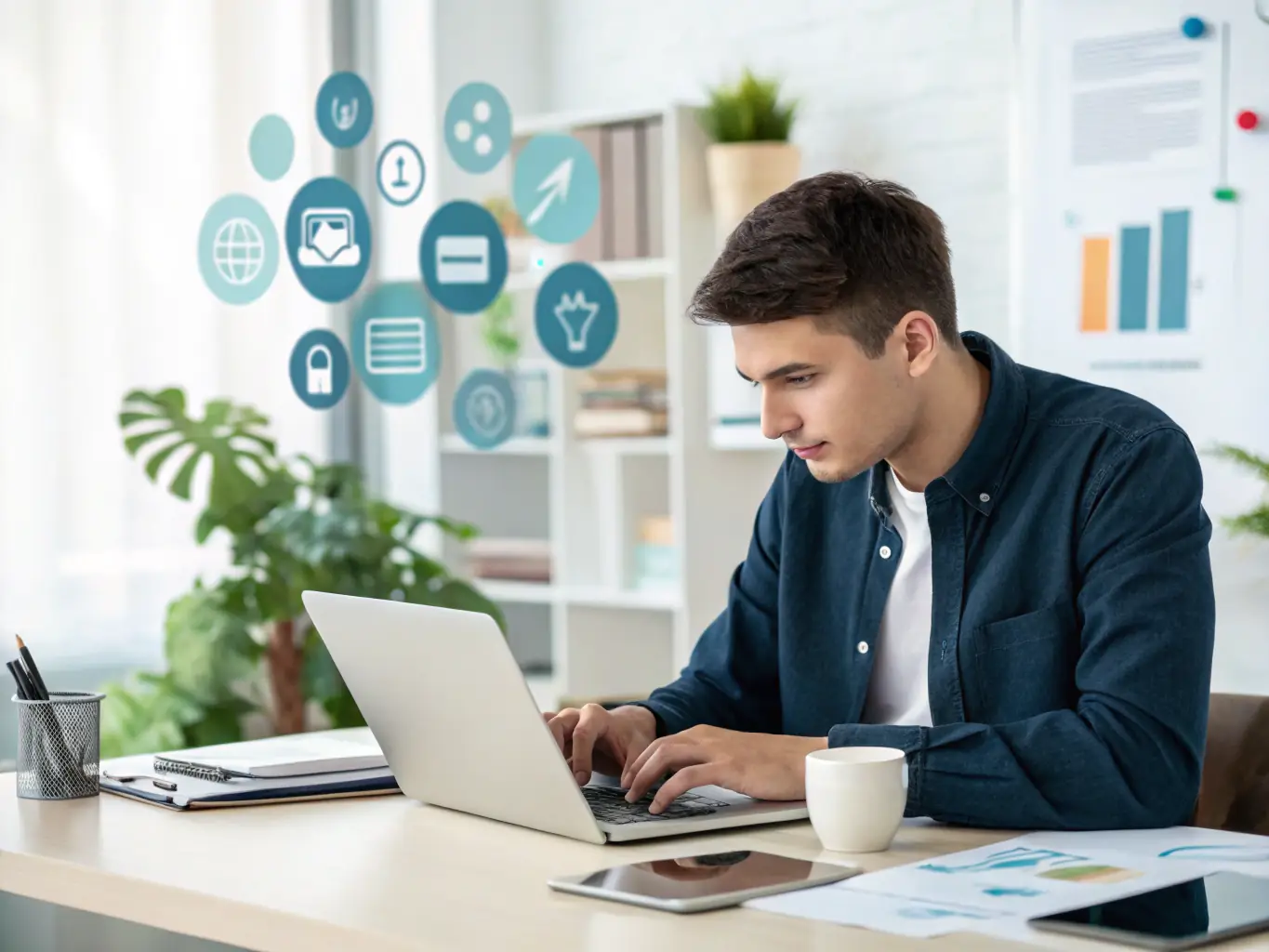 A person sitting at a desk, confidently working through an online course on a laptop, with a background showing graphs and legal documents related to AFP fund recovery, symbolizing self-empowerment and knowledge acquisition.