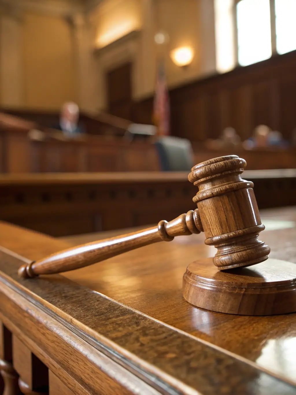 A gavel striking a sound block in a courtroom, symbolizing legal action and judicial representation.