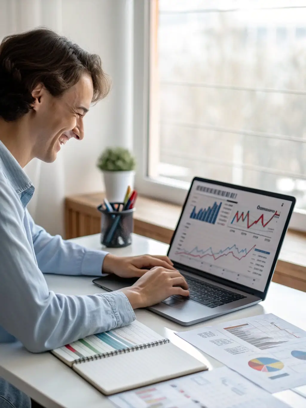 A person confidently navigating a computer screen displaying financial documents and graphs, representing the self-management mini-course.